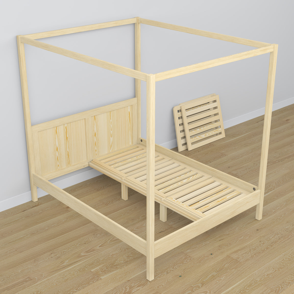 Bed met hemel transparant grenen van hout – zijaanzicht, scandi stijl