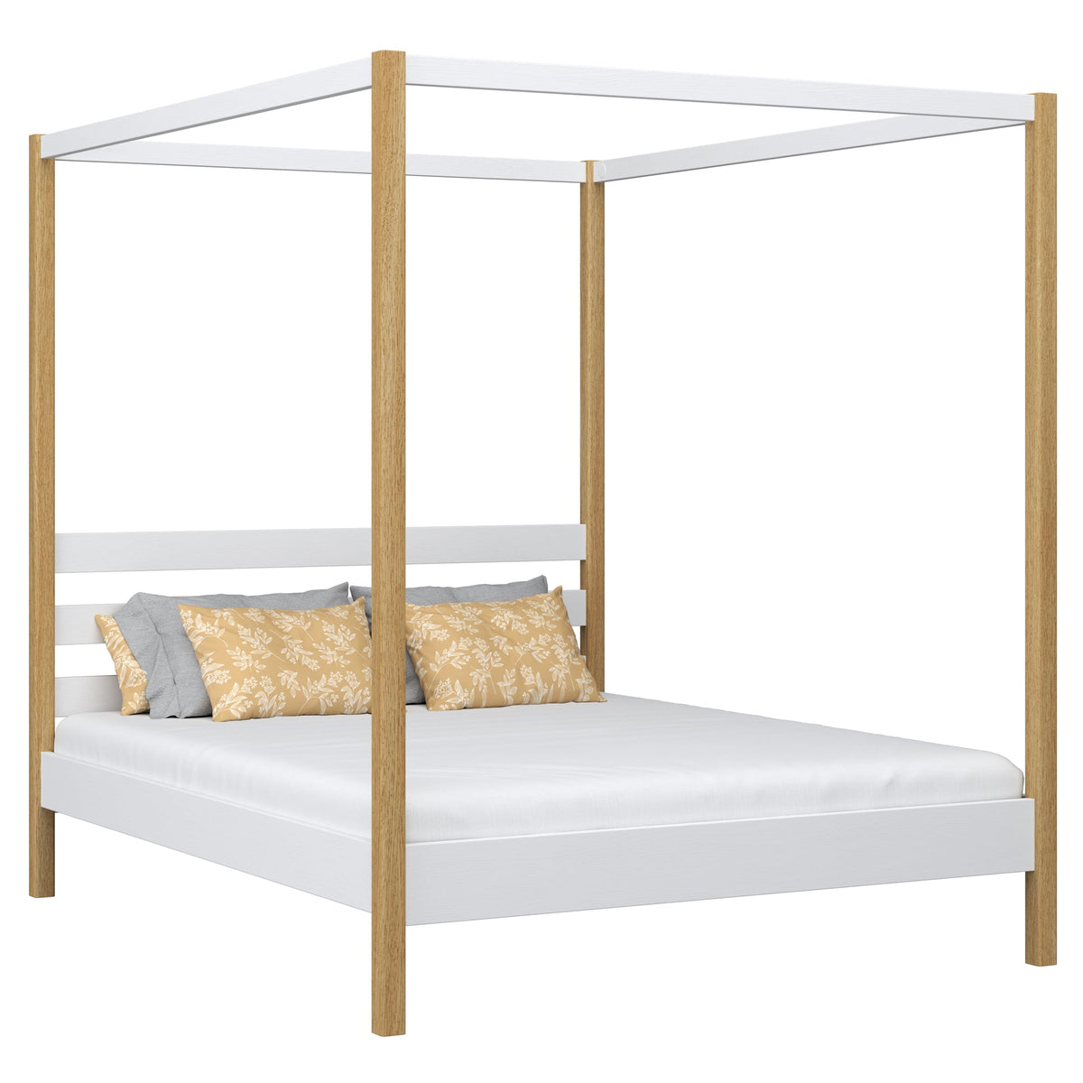 Tweepersoonsbed met hemel wit-eiken – lattenbodem en latten, houten, Nizio