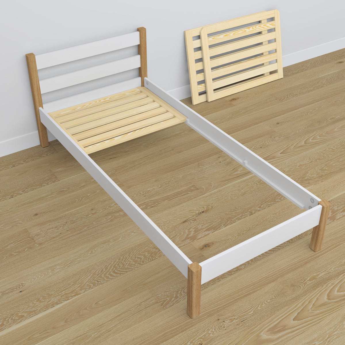 Single wooden bed white-oak – angled view, scandi children’s room