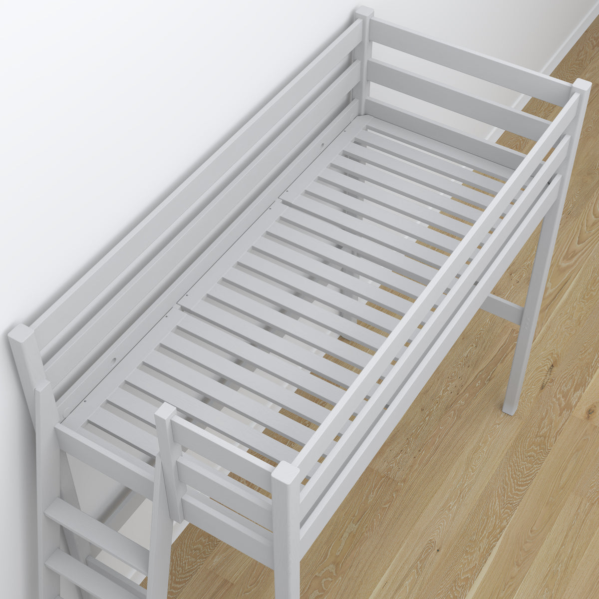 Hoogslaper met bureau houten grijs – details van verbindingen en ladder