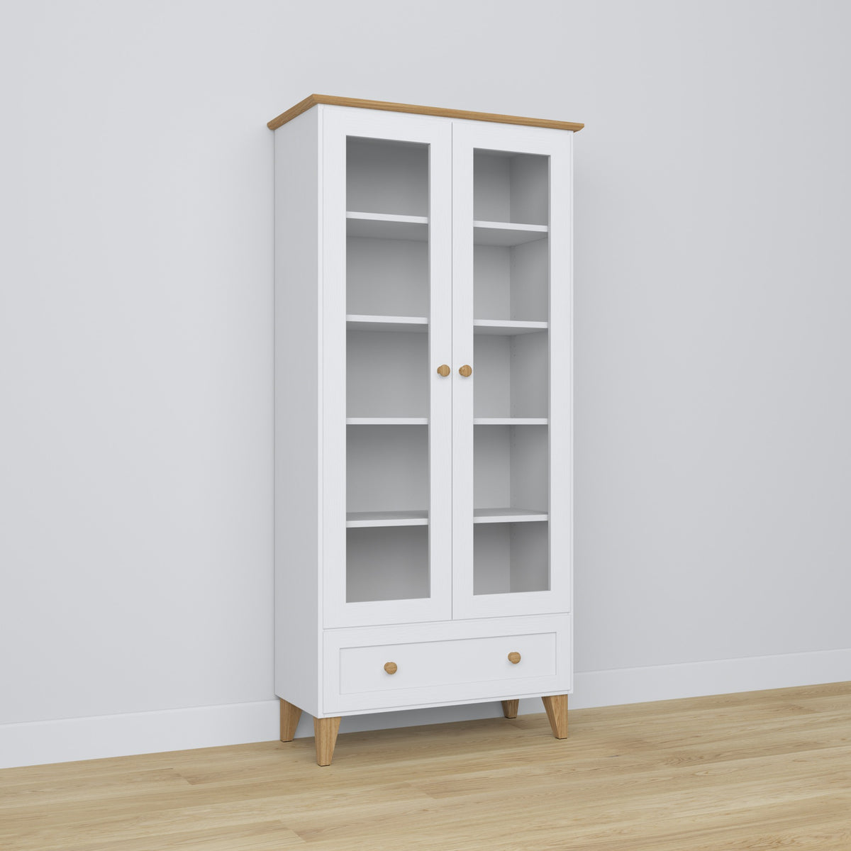 Vitrine 1S 90 blanc avec chêne – en bois, portes vitrées, vue frontale