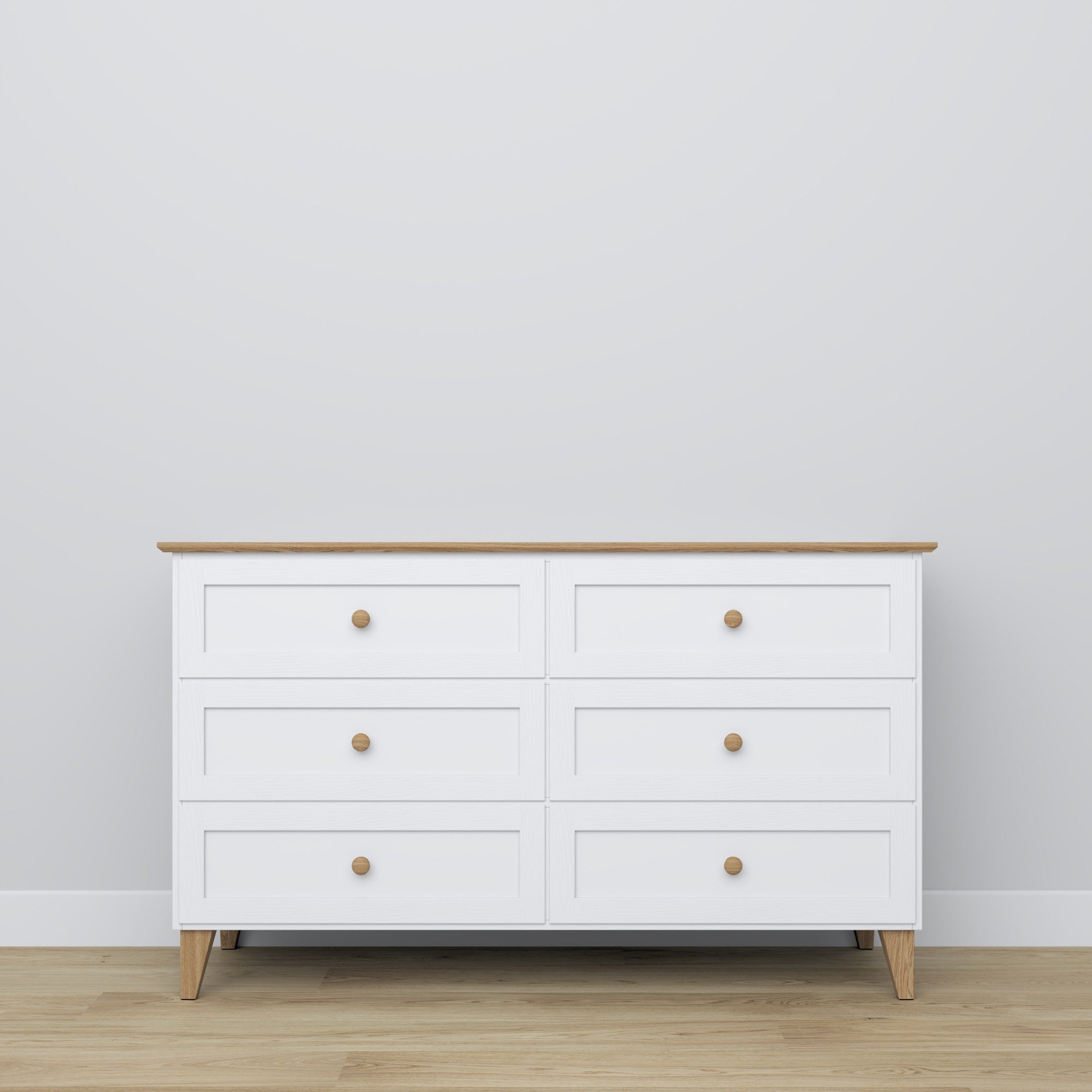 Chest of drawers 6S white with oak wood – side view, depth and profile