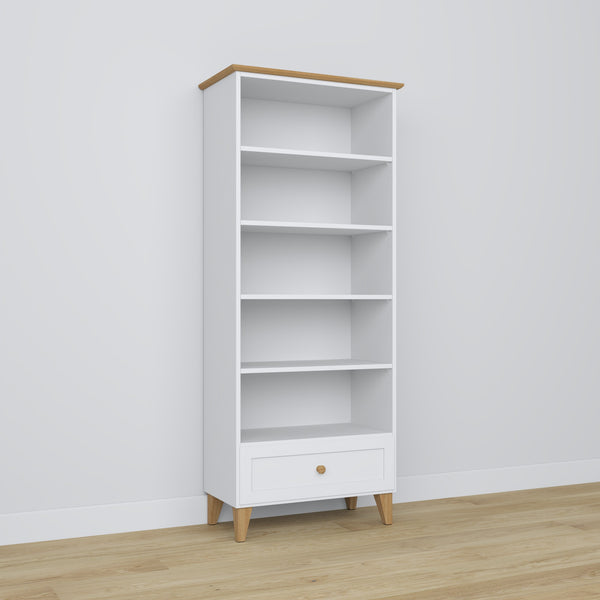 Étagère 1S en bois blanc avec chêne – tiroir ouvert, rangement pour petits objets