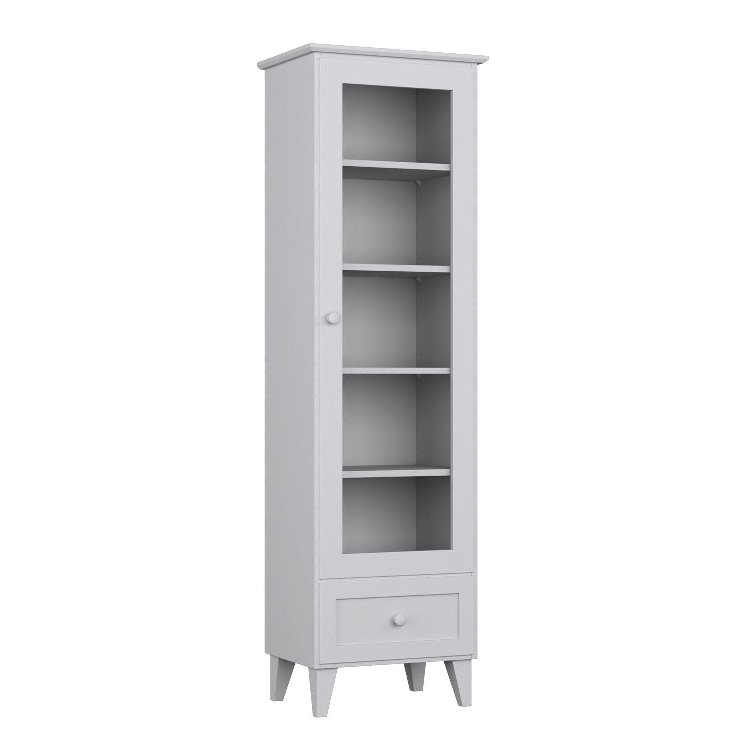 Display cabinet 1S 57 grey made of wood – angled view, scandi