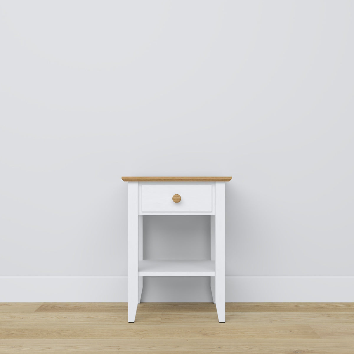 Nachtkastje met lade N01 houten wit met eiken – slaapkamer, Scandinavische stijl