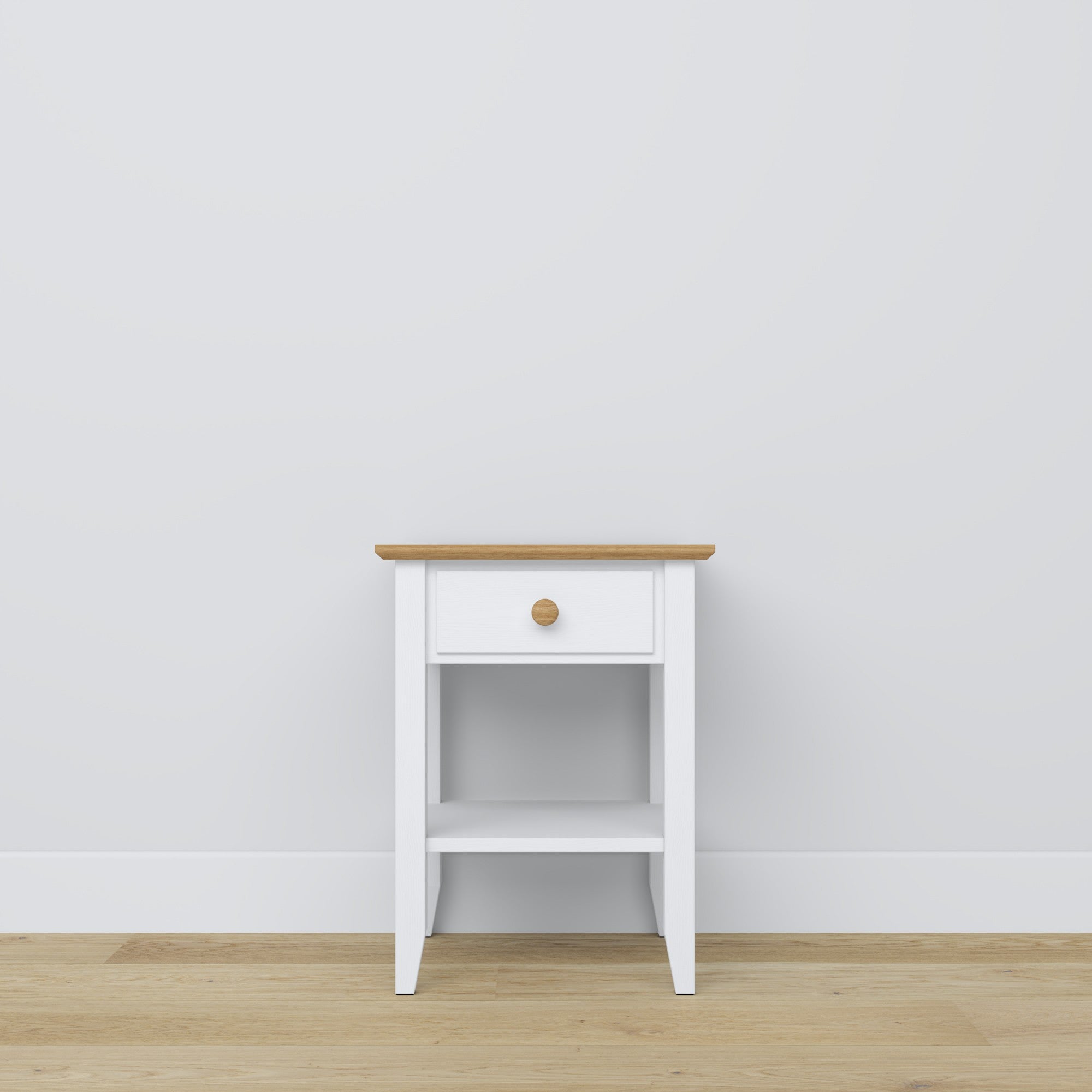 Nachtkastje met lade N01 houten wit met eiken – slaapkamer, Scandinavische stijl