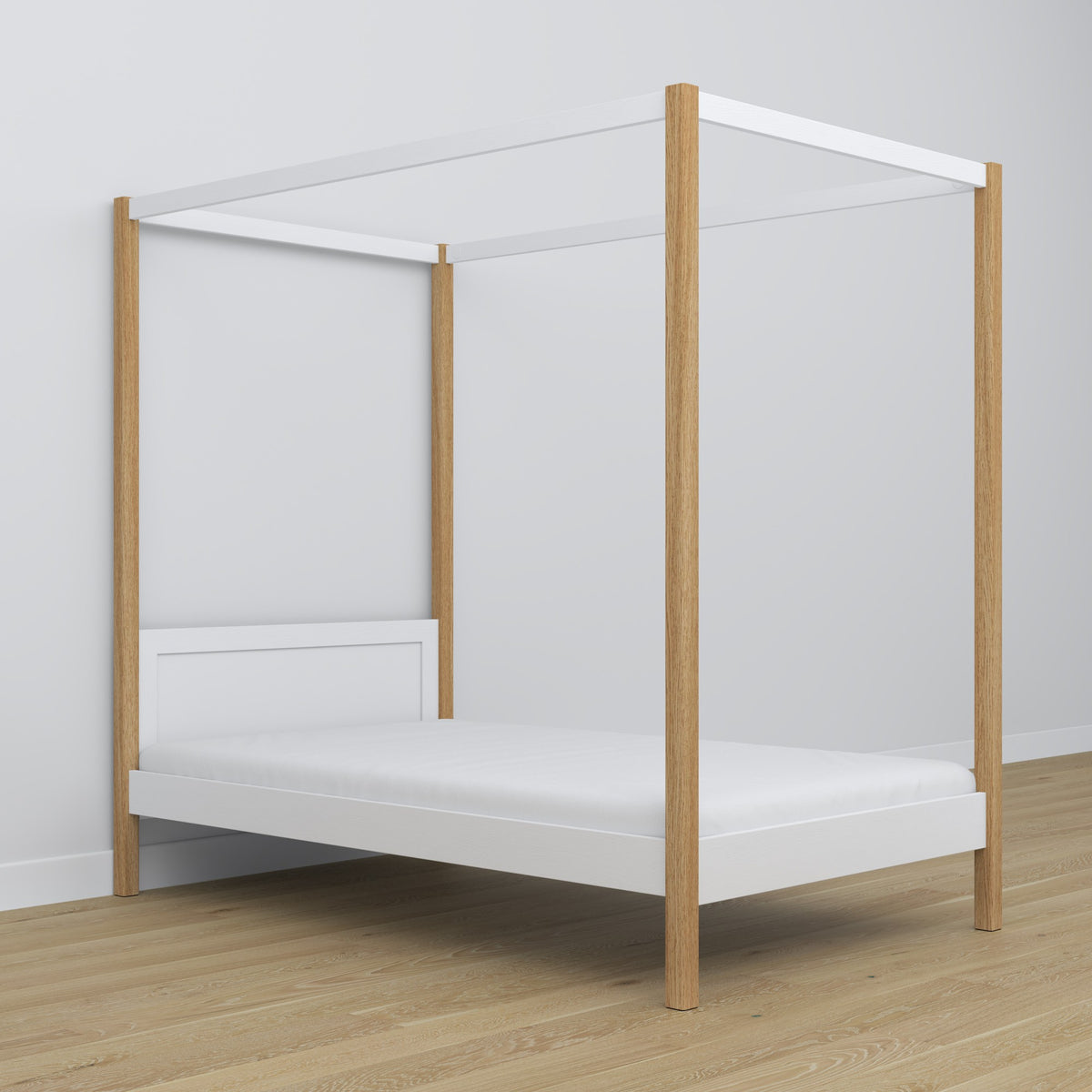 Bed wit-eiken met hemel – decoratieve bedrand houten, veilig voor kinderen
