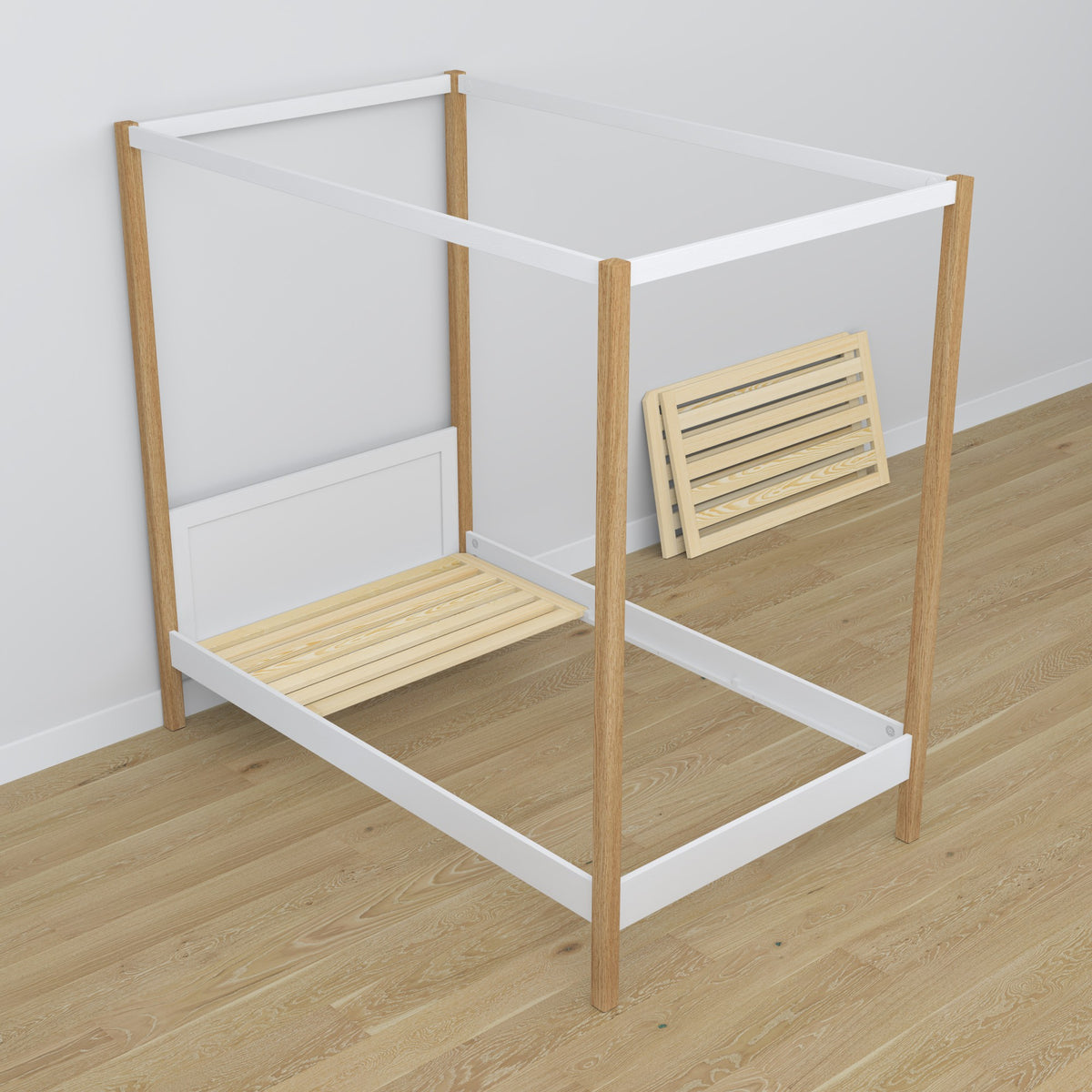 Bed met hemel houten wit-eiken – inrichting kinderkamer scandi
