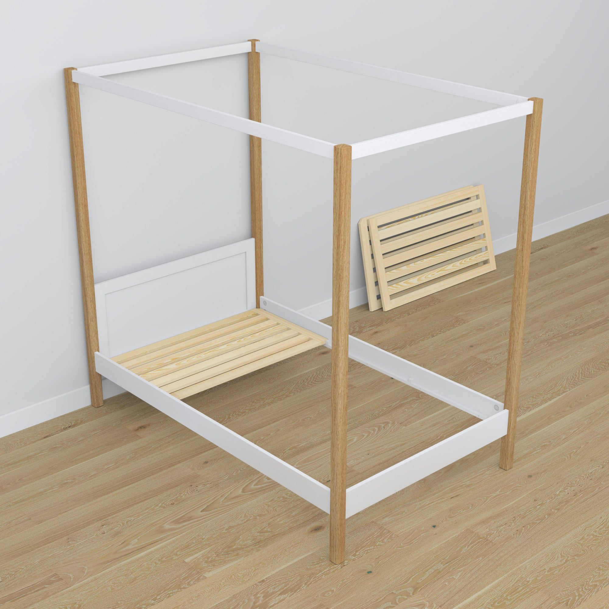 Bed met hemel houten wit-eiken – inrichting kinderkamer scandi