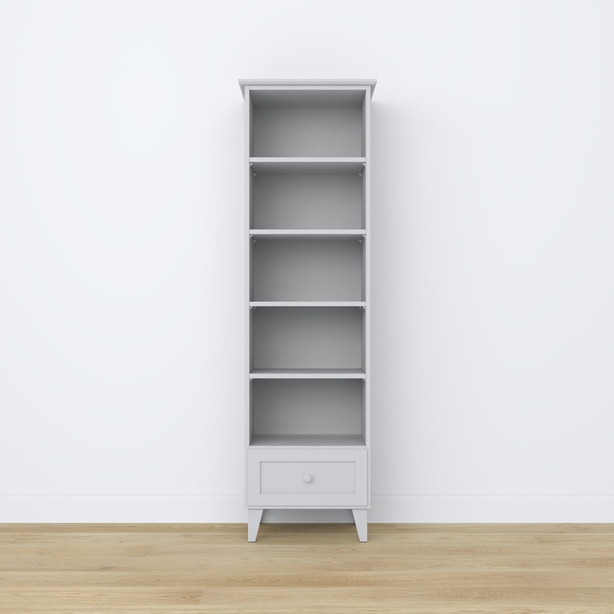 Bookcase 1S wooden grey – open drawer, storage for small items