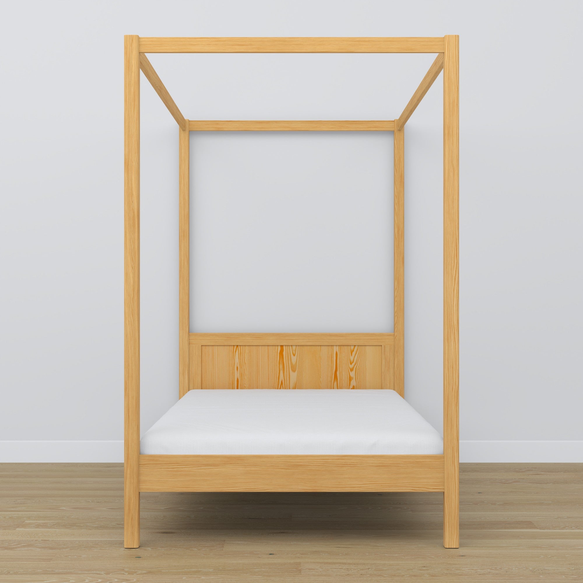 Wooden natural pine canopy bed – close-up of canopy and headboard