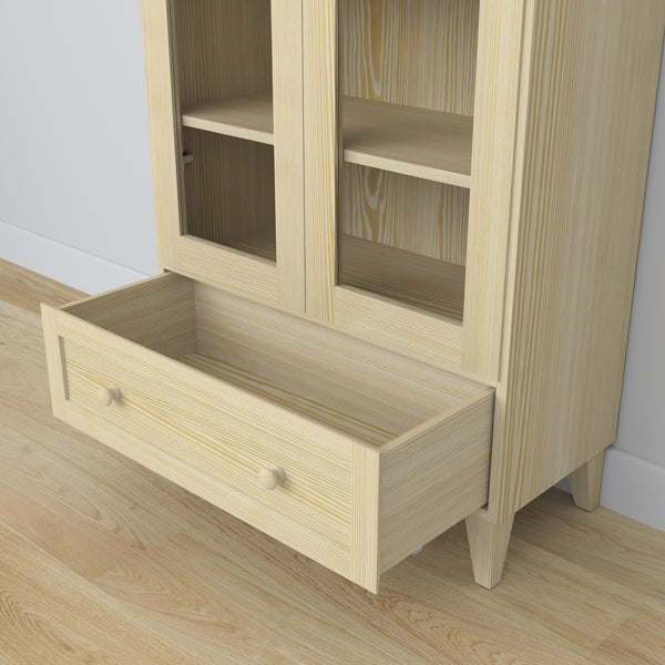 Display cabinet 1S pine clear pine – open doors, shelves and drawer inside