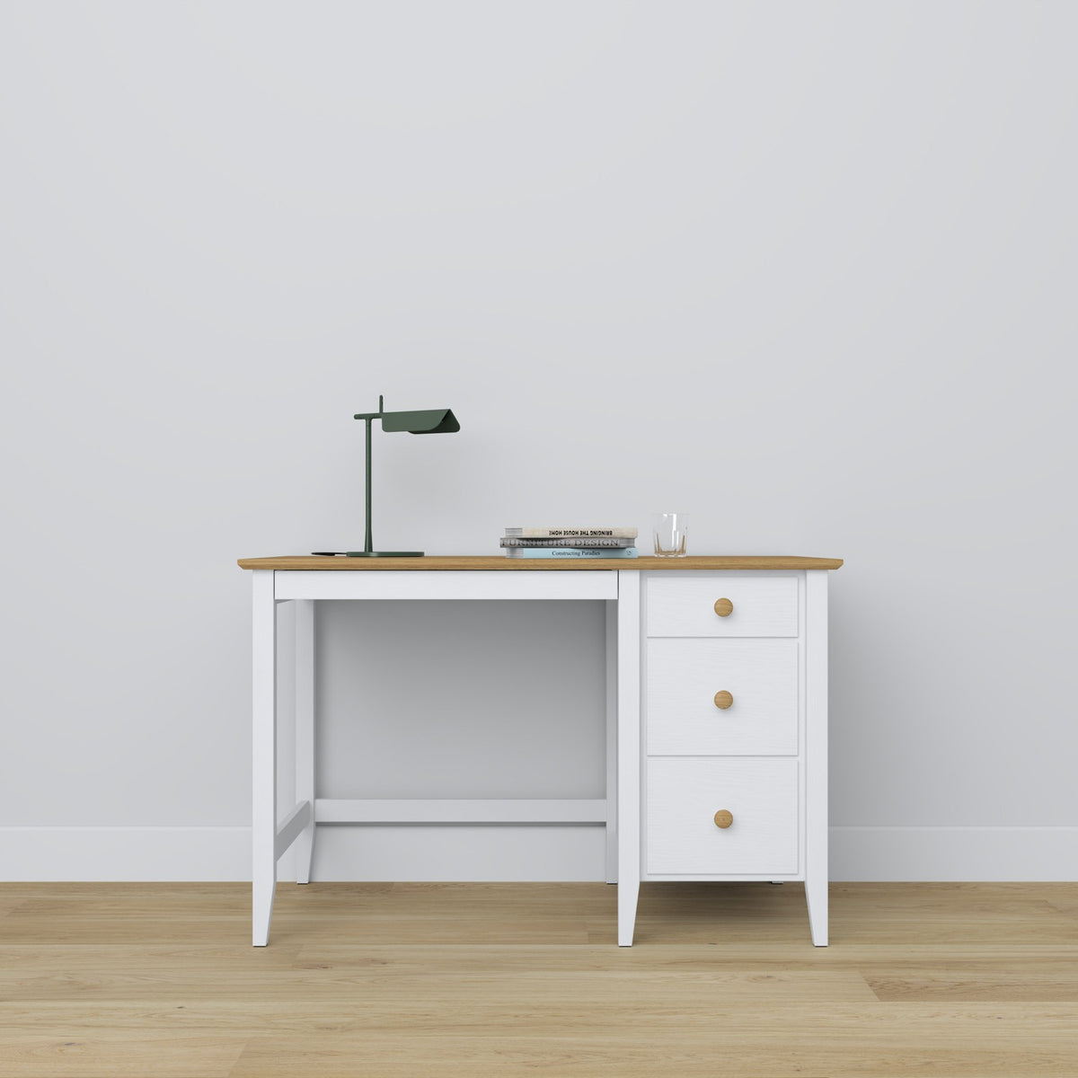 Bureau 3S en bois blanc avec chêne – tiroirs ouverts, rangements pour documents