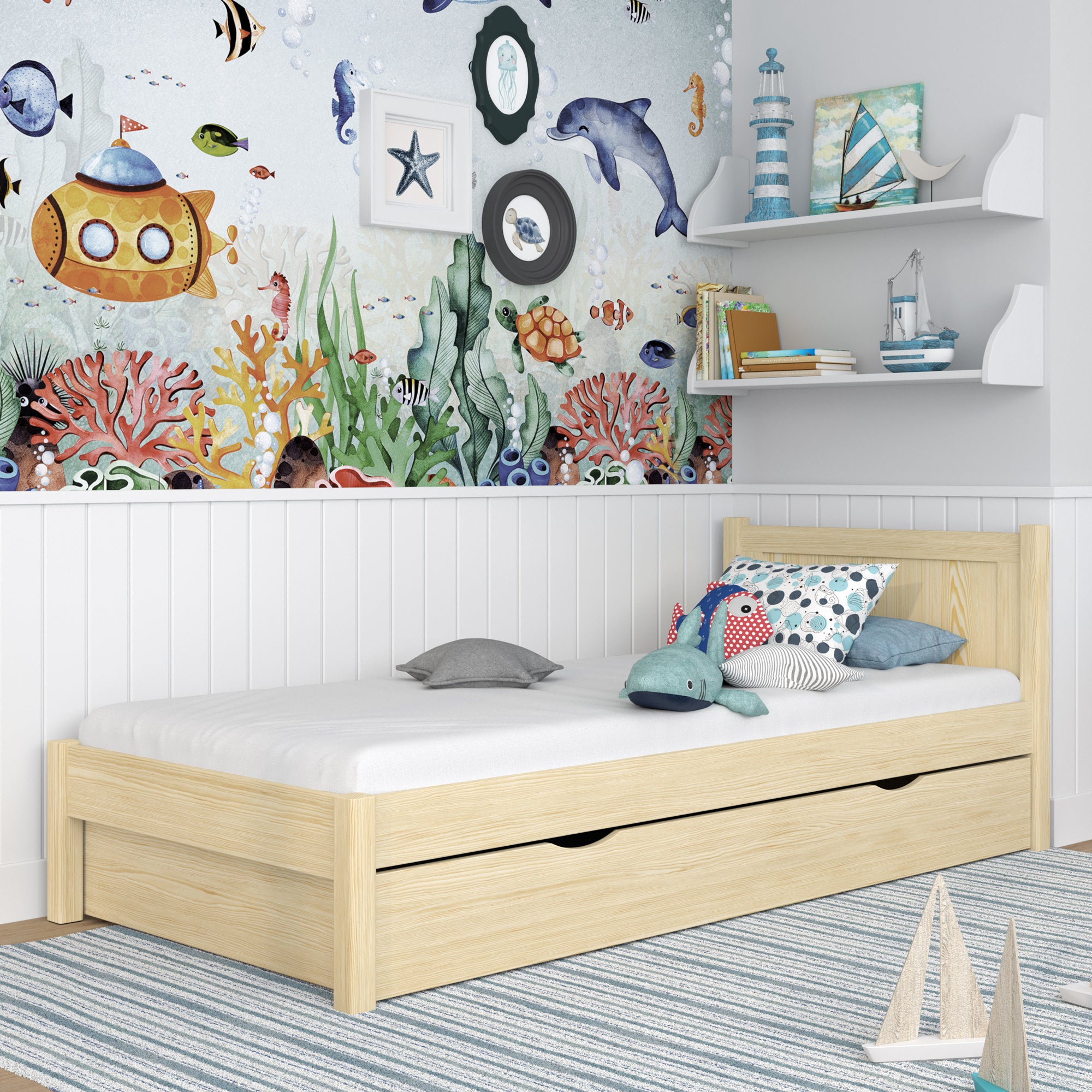 Lit simple avec tiroir en bois pin incolore – chambre d'enfant, style scandinave