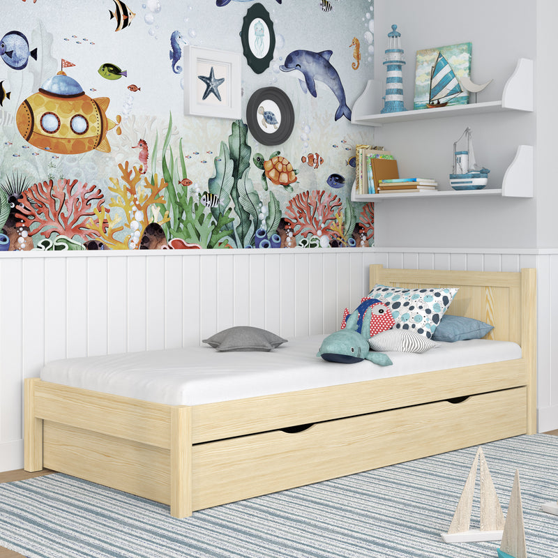 Lit simple avec tiroir en bois pin incolore – chambre d'enfant, style scandinave