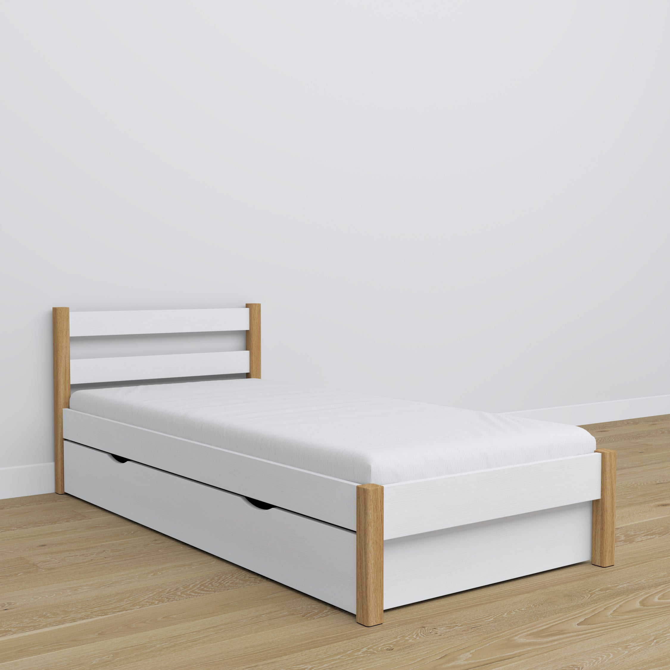 Lit avec tiroir en bois blanc-chêne – chambre d'enfant, décoration scandinave