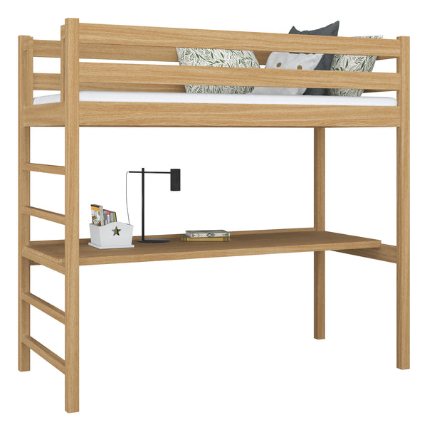 Lit mezzanine chêne naturel avec bureau – espace d'apprentissage sous la chambre, en chêne