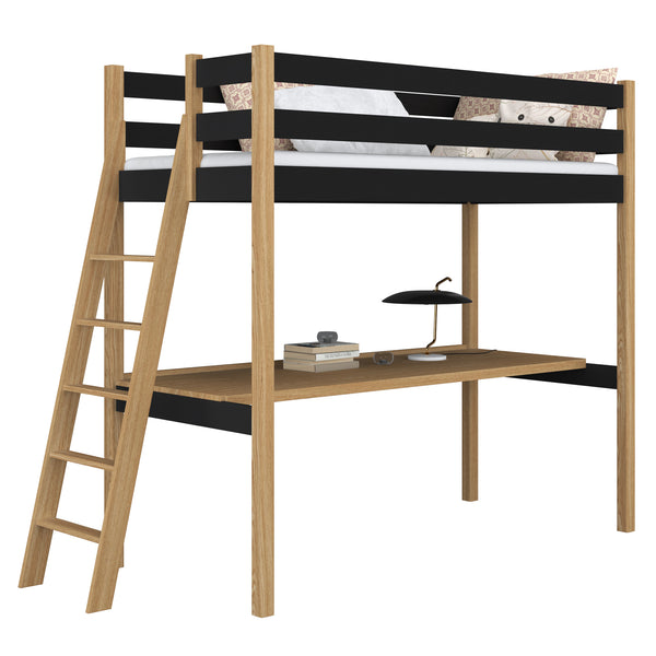 Lit mezzanine noir-chêne avec bureau – espace d'apprentissage sous la chambre, en bois