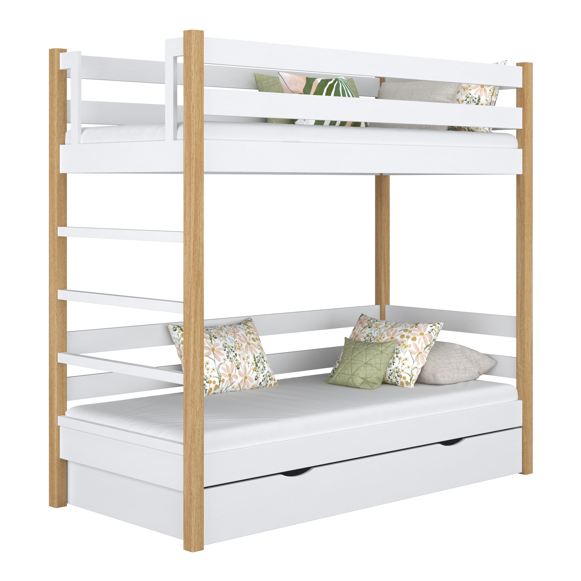 Stapelbed met lade houten wit-eiken – kinderkamer, massief hout, scandi