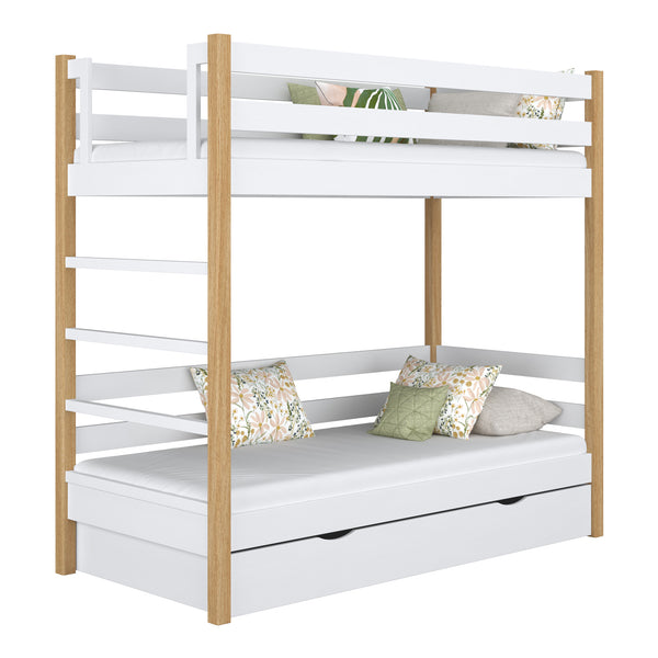 Lit superposé avec tiroir en bois blanc-chêne – chambre d'enfant, bois massif, scandinave