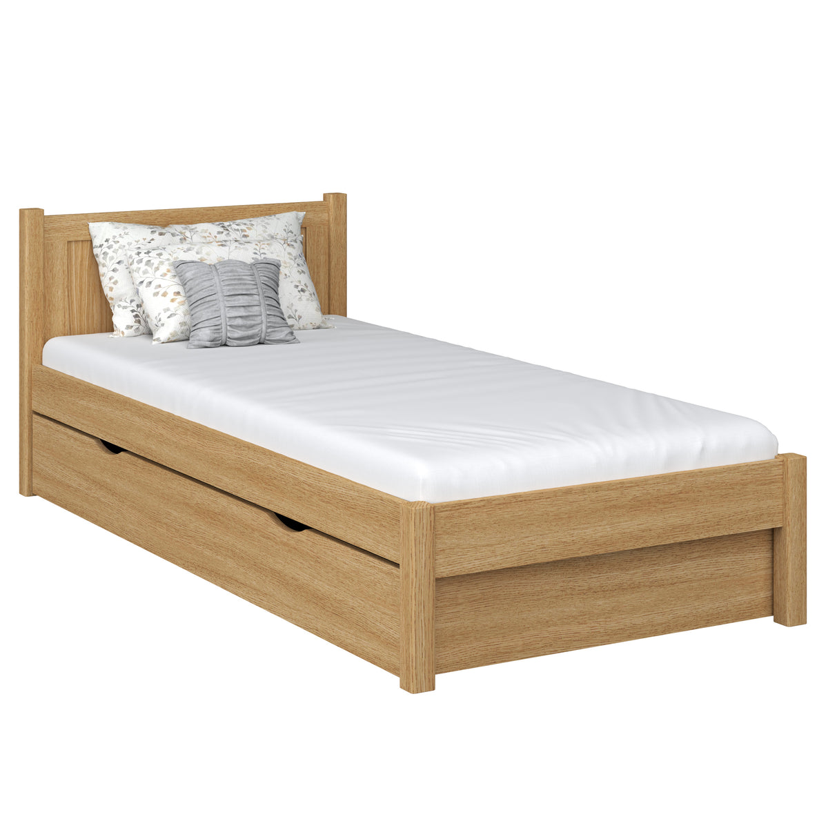 Bed met lade eiken naturel eiken – lade open, binnenkant bergruimte