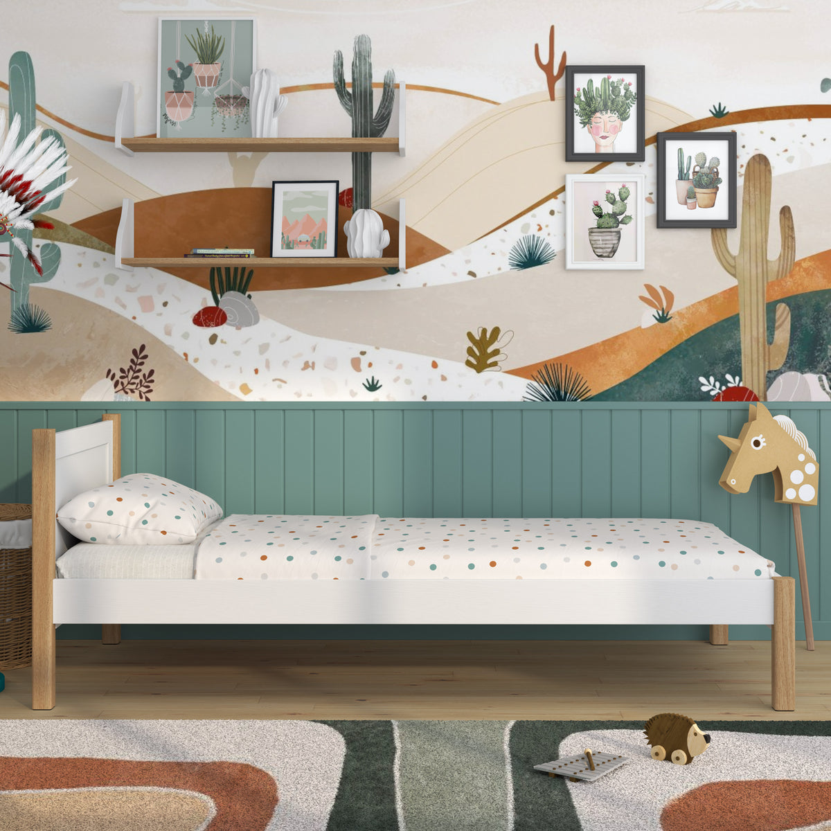Lit blanc-chêne dans la chambre d'enfant – décoration scandinave, en bois