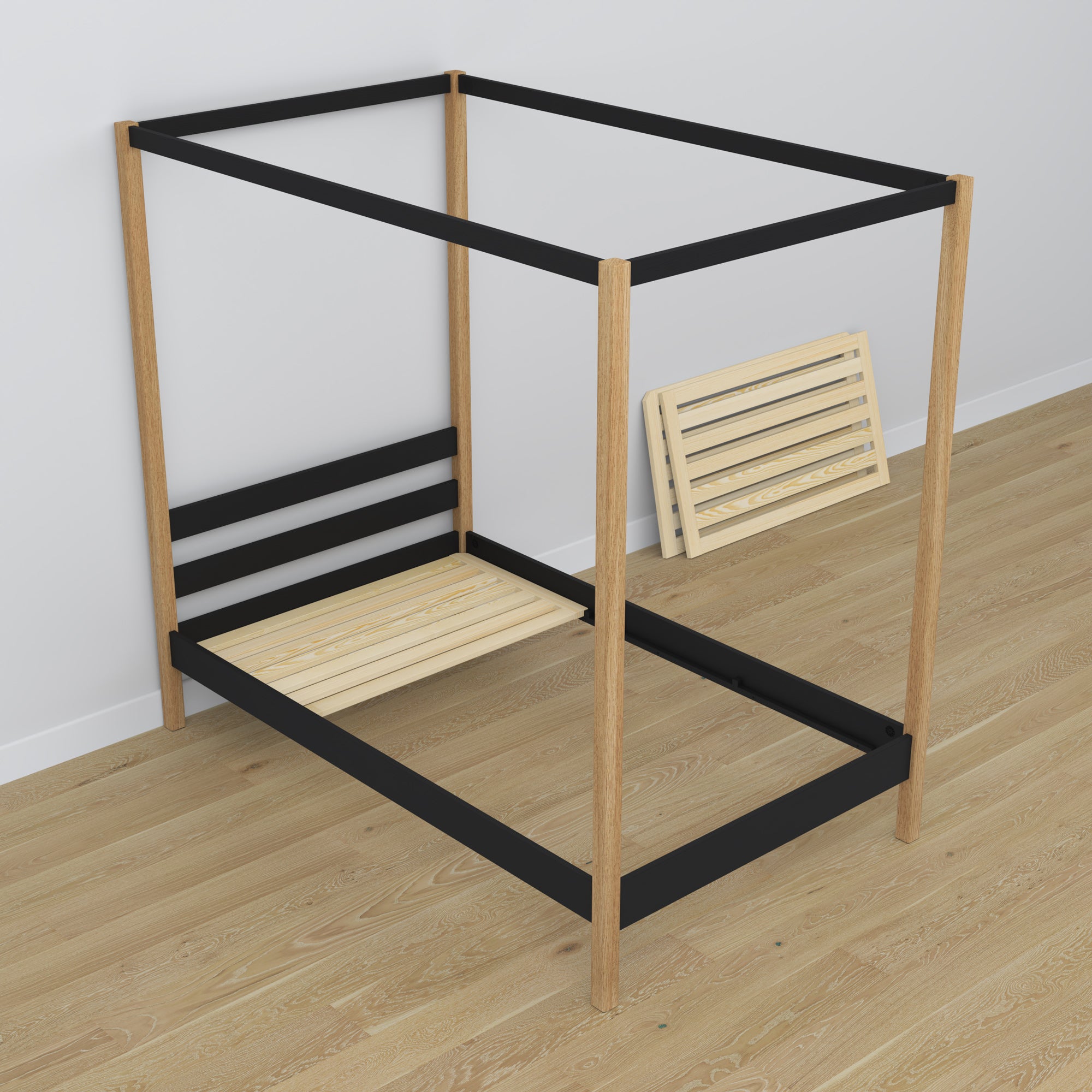 Bed met hemelbed en lade zwart-eiken van hout – afmetingen, Nizio