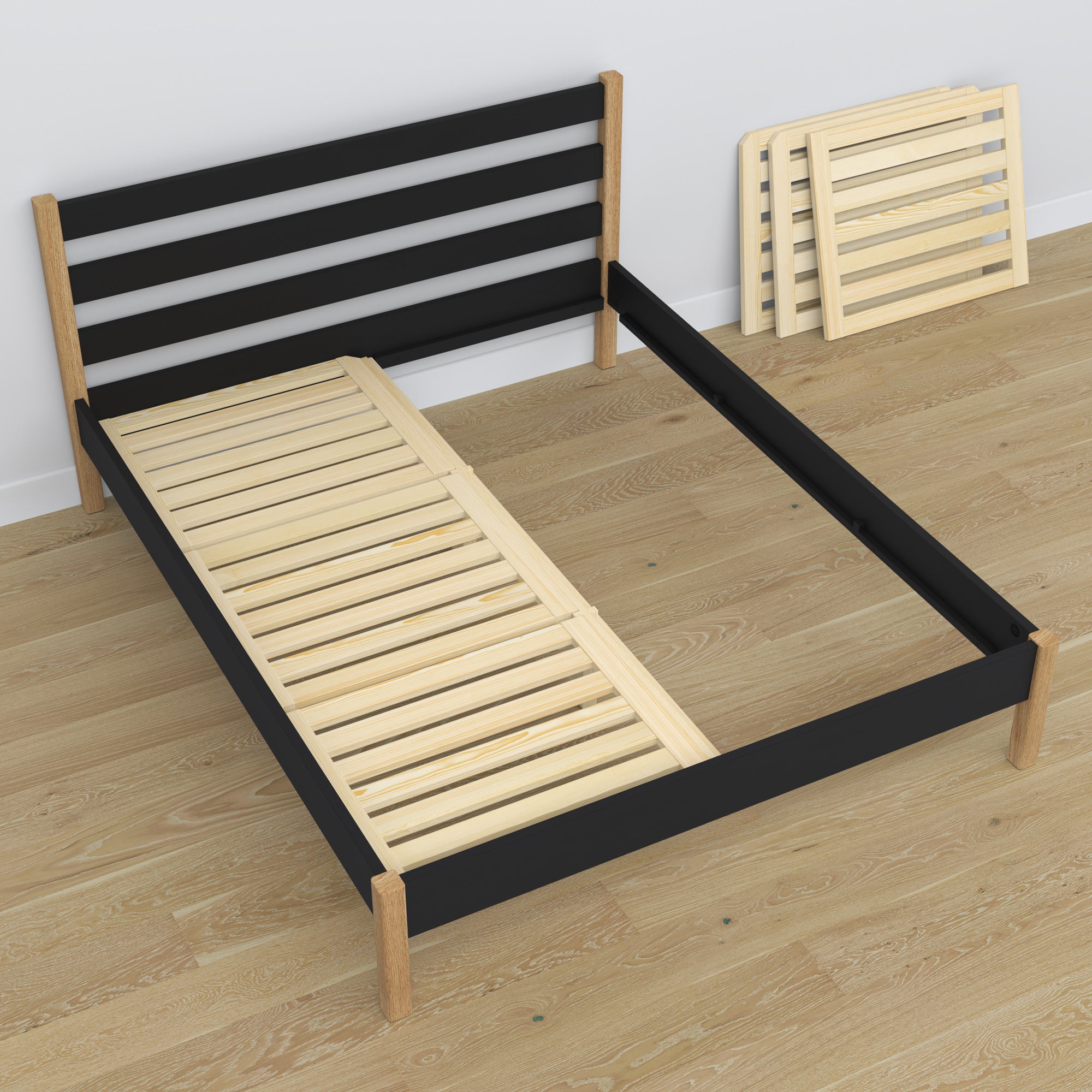 Tweepersoonsbed zwart-eiken – achterste hoofdeinde houten, Nizio Home
