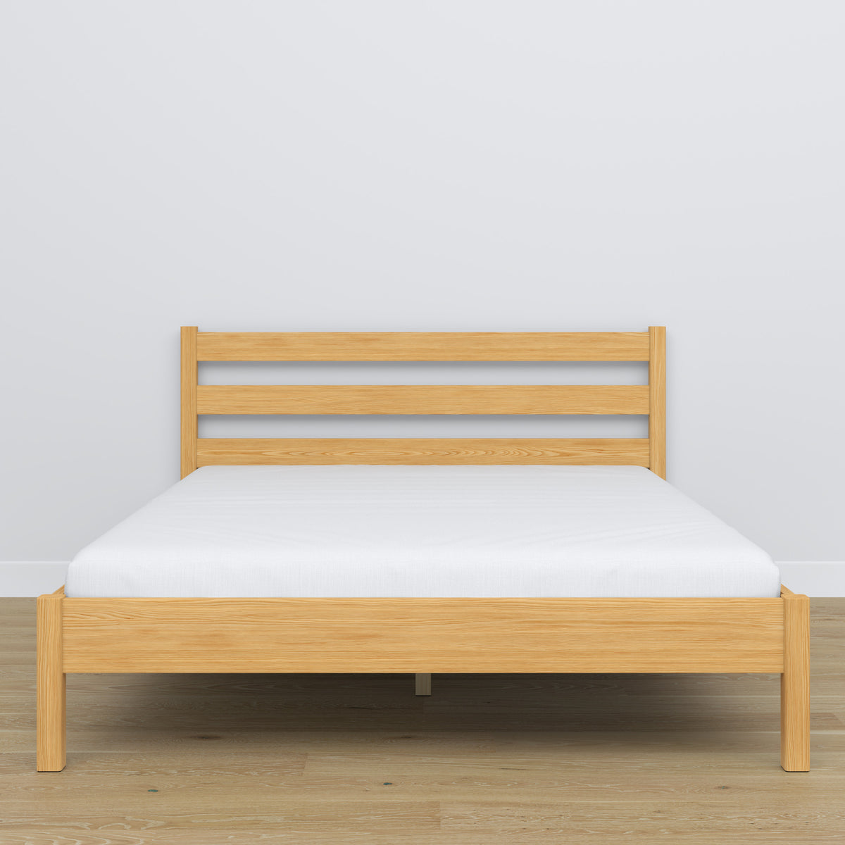 Tweepersoonsbed houten naturel grenen – zijaanzicht, verhoudingen en vorm, slaapkamer