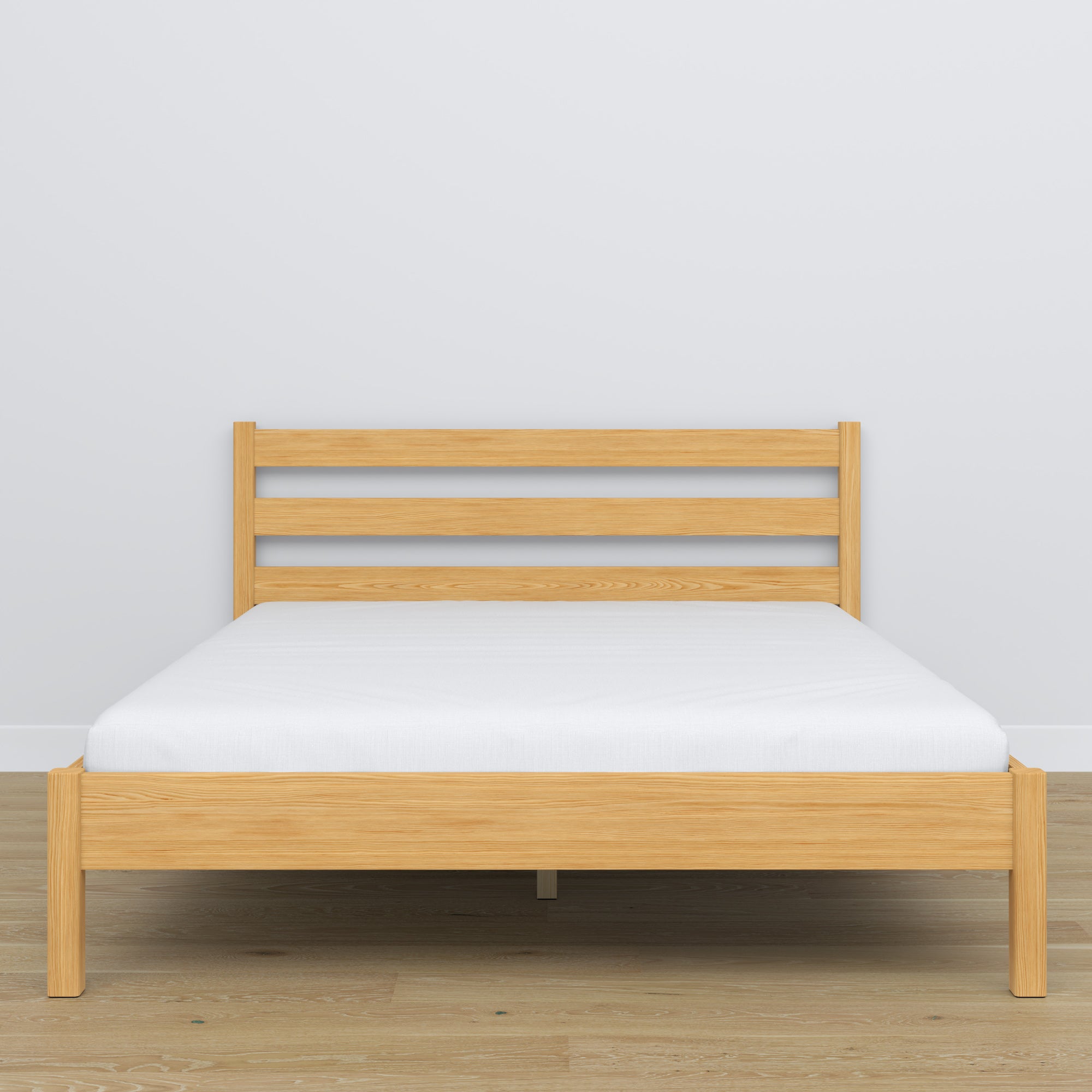 Tweepersoonsbed houten naturel grenen – zijaanzicht, verhoudingen en vorm, slaapkamer