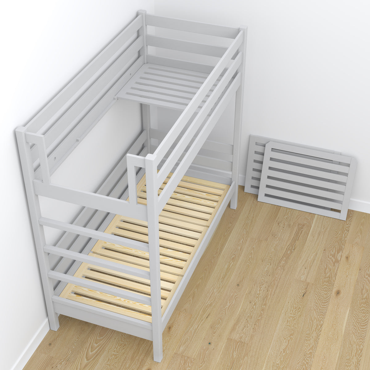 Stapelbed houten grijs – lattenbodem, duurzame schrijnwerkverbindingen