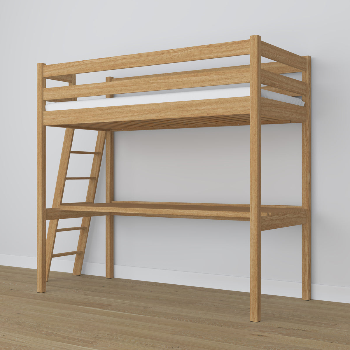 Hoogslaper naturel eiken – eikenhouten bureau onder de slaapverdieping, scandi kinderkamer