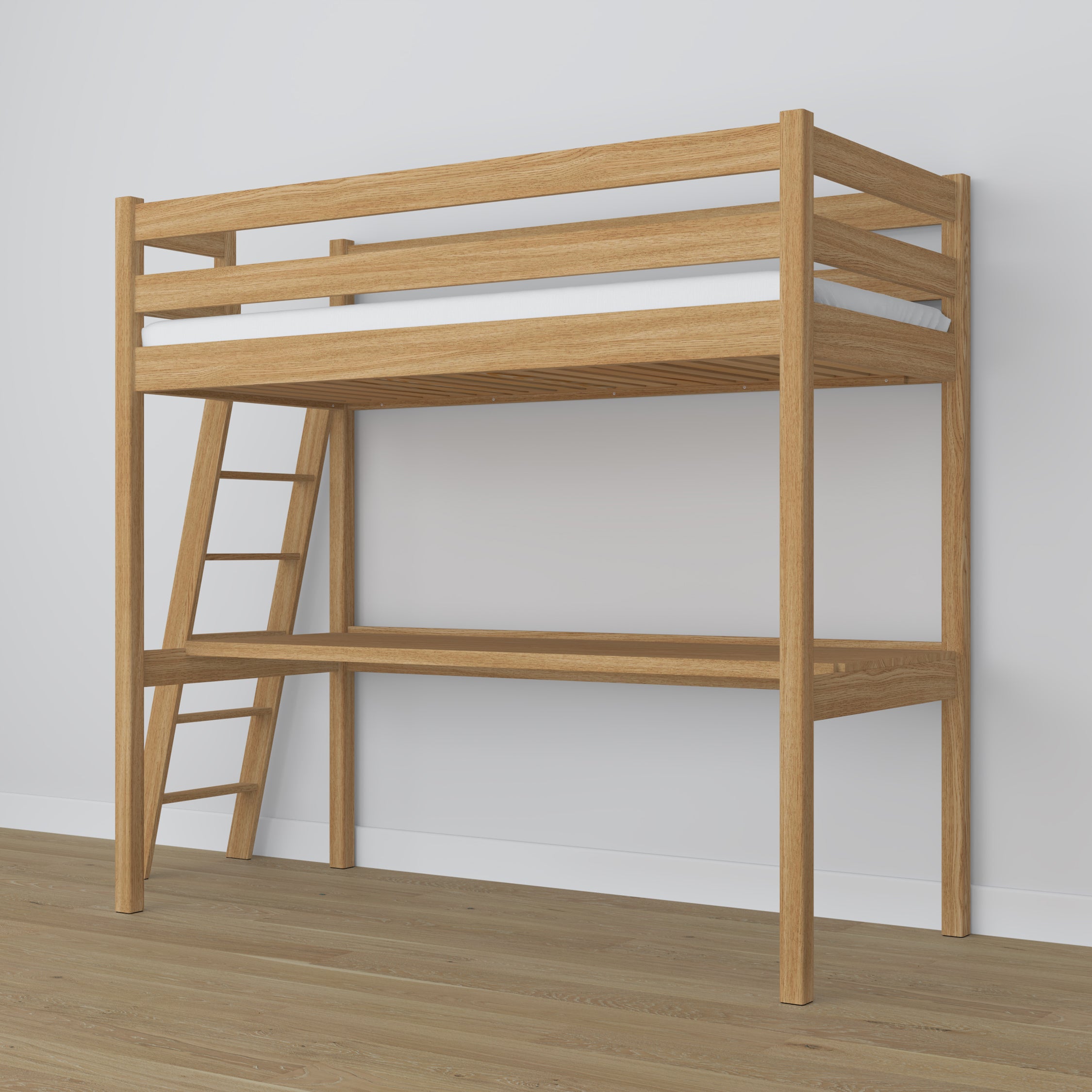 Hoogslaper naturel eiken – eikenhouten bureau onder de slaapverdieping, scandi kinderkamer