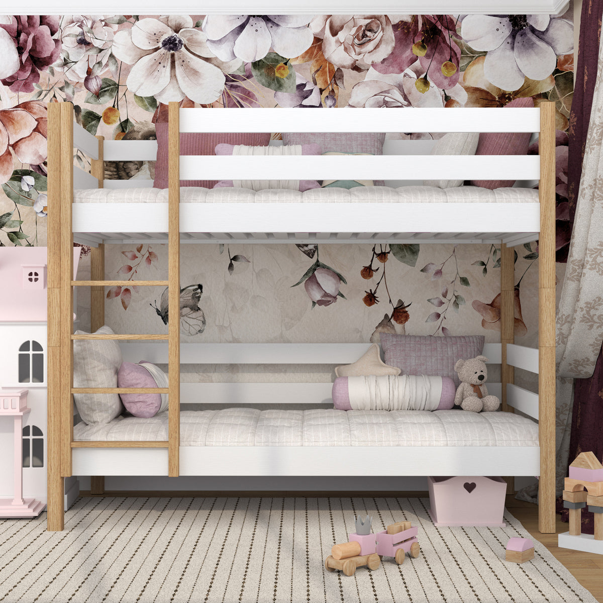 Stapelbed wit-eiken – houten ladder en valbescherming, Nizio Home