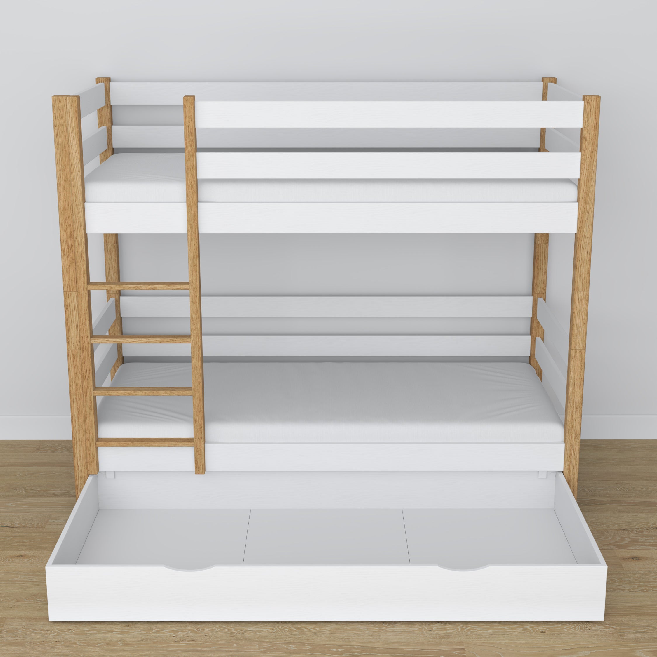 Stapelbed van hout wit-eiken met lade – afmetingen en schema, Nizio
