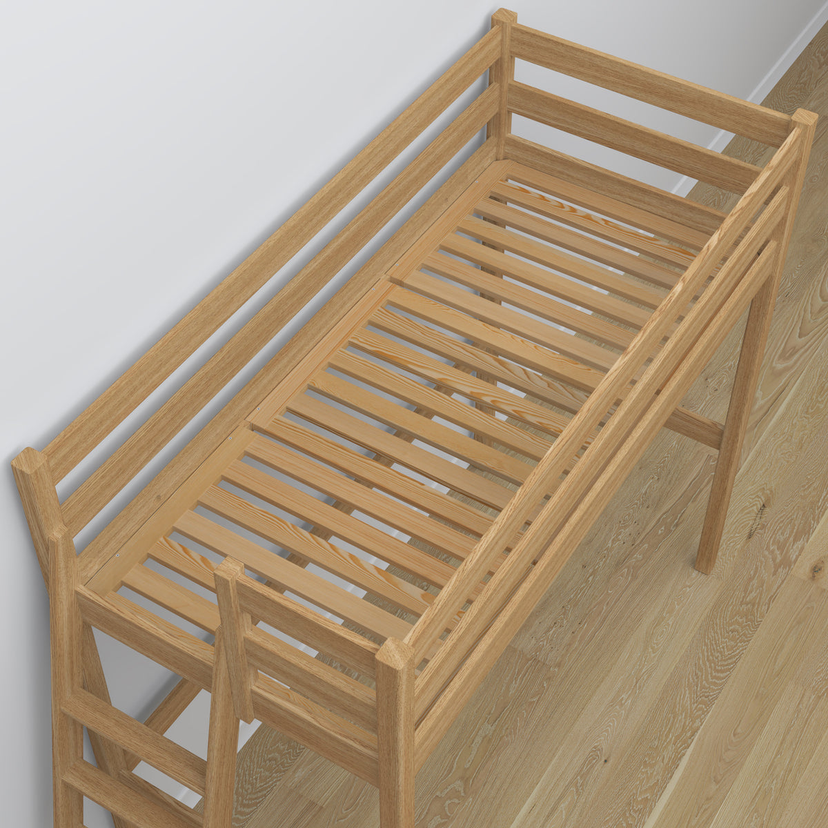 Hoogslaper met bureau eikenhouten naturel eiken – details van verbindingen en ladder