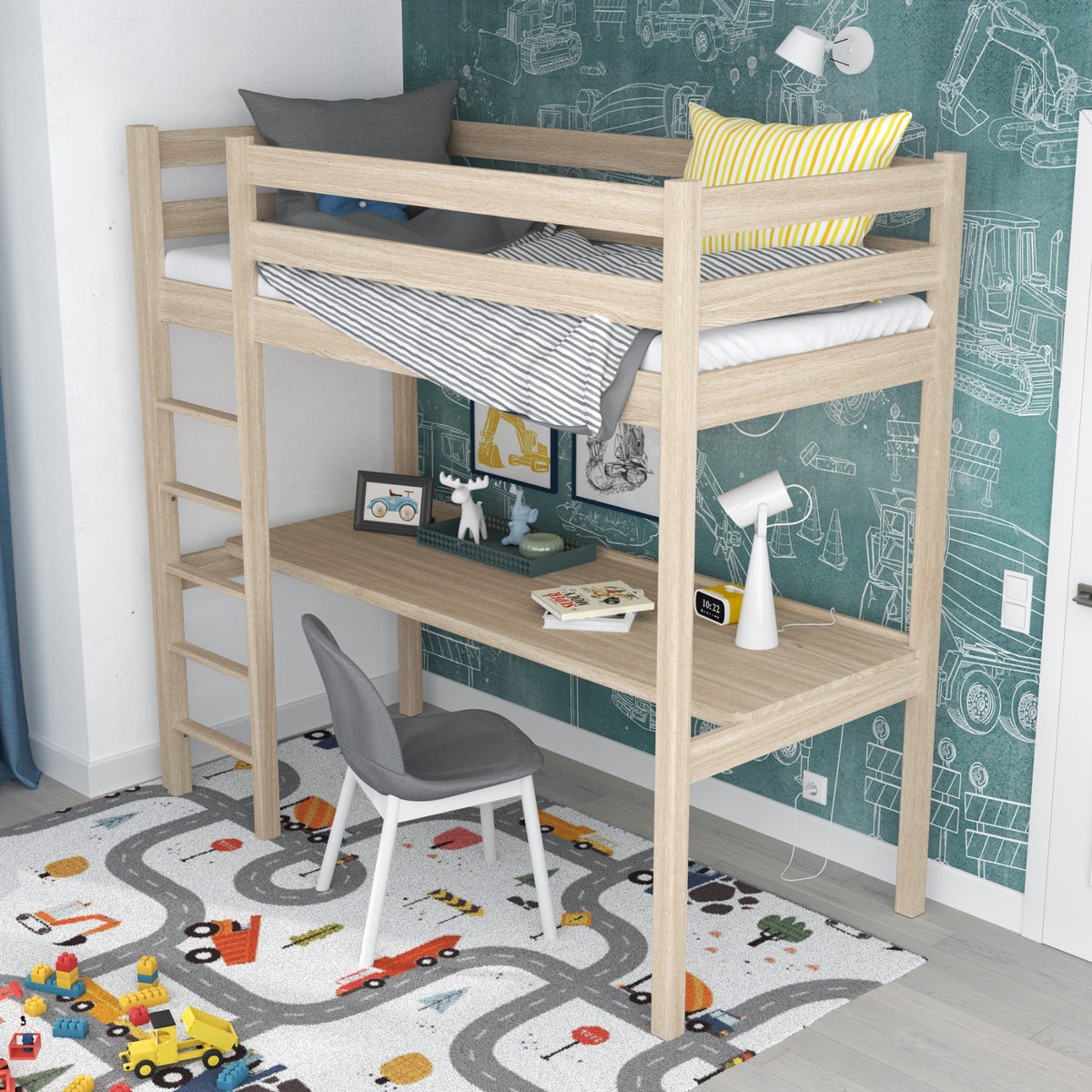 Hoogslaper gewit eiken – eiken bureau onder slaapgedeelte, kinderkamer scandi