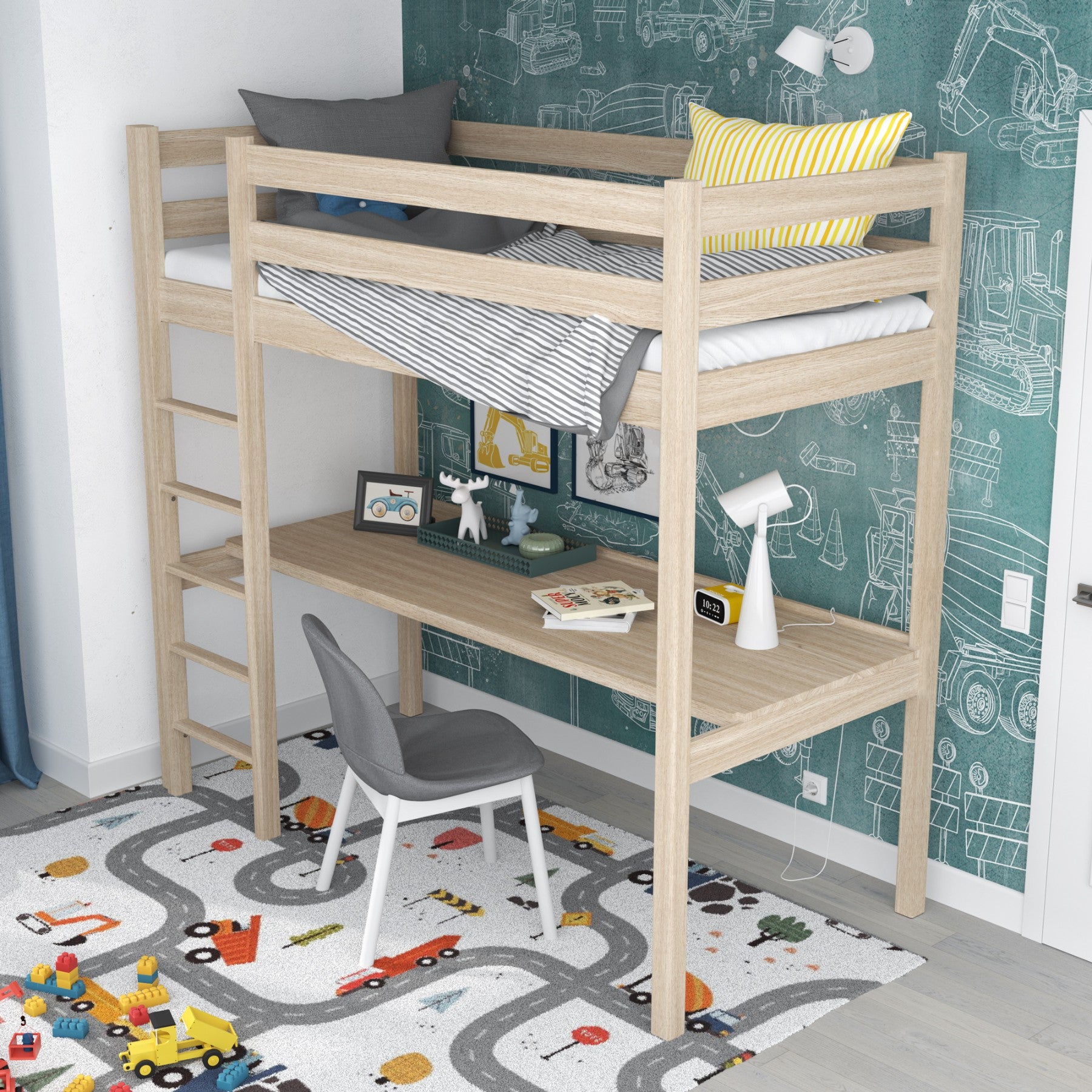 Hoogslaper gewit eiken – eiken bureau onder slaapgedeelte, kinderkamer scandi
