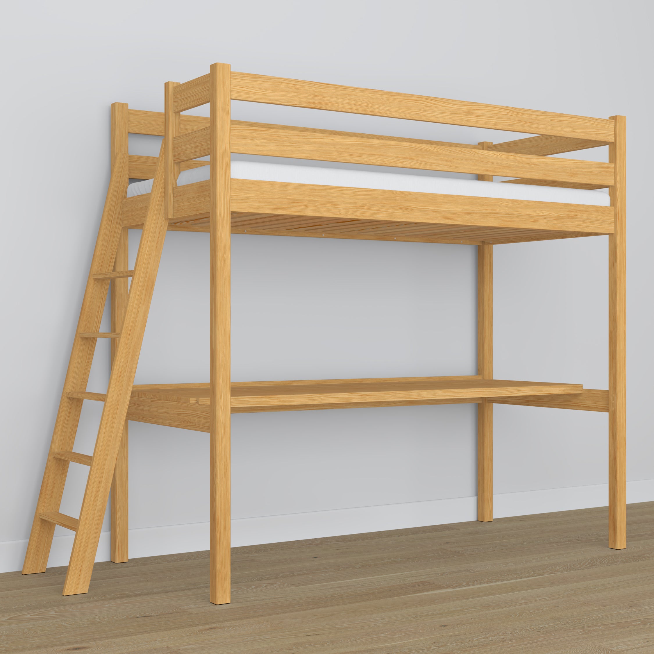 Hoogslaper met bureau houten naturel grenen – ladder en veiligheidsbedhekken