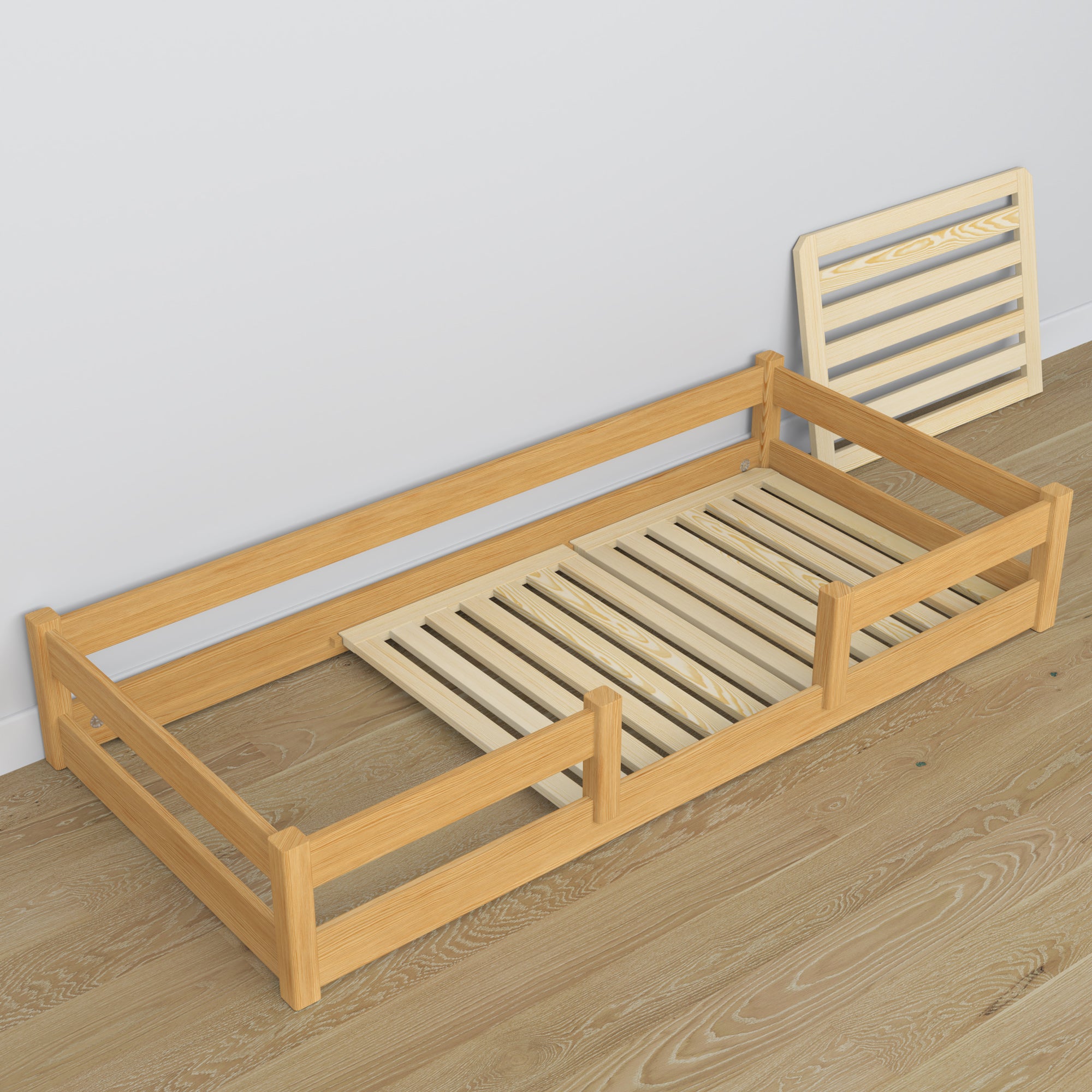 Laag bed naturel grenen van hout – afmetingen en schema, Nizio