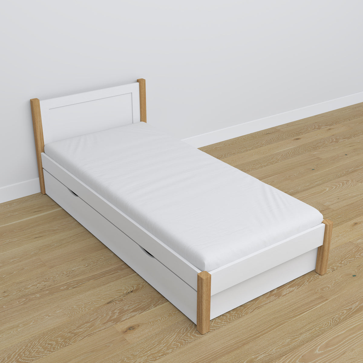 Wooden bed with drawer white-oak – dimensions and diagram, Nizio Home