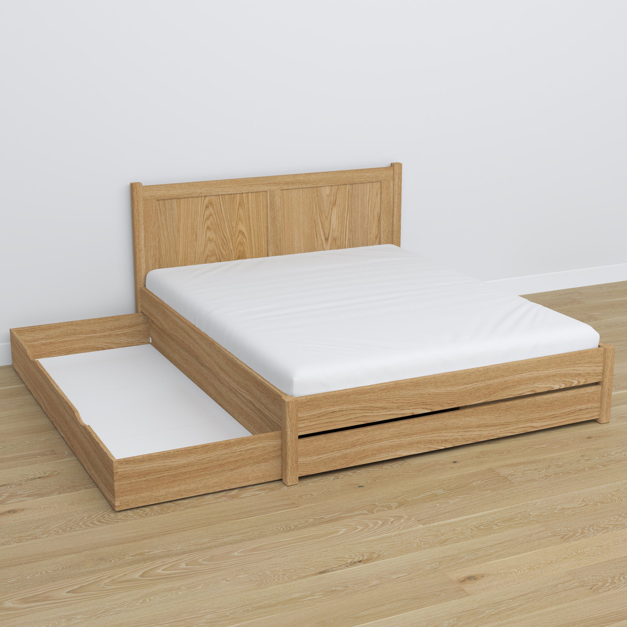 Tweepersoonsbed naturel eiken met lade in slaapkamer – Scandinavische inrichting