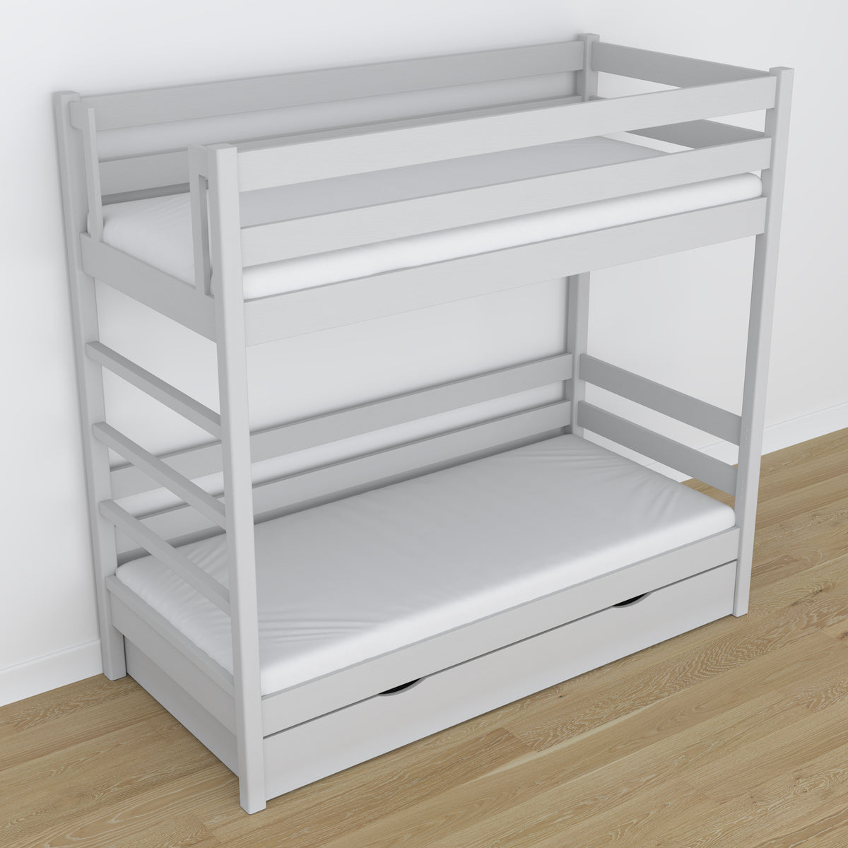 Stapelbed grijs – houten lattenbodem, zijaanzicht