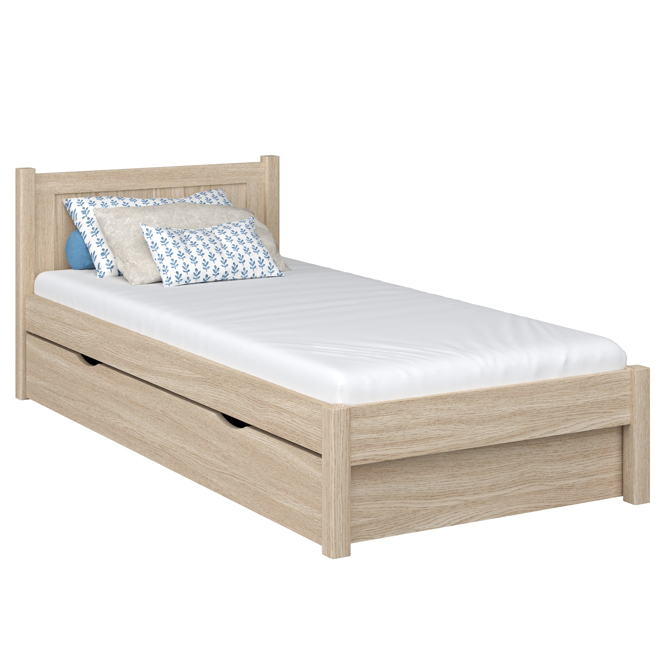 Bed met lade eiken gewit eiken – lade open, binnenkant opbergruimte