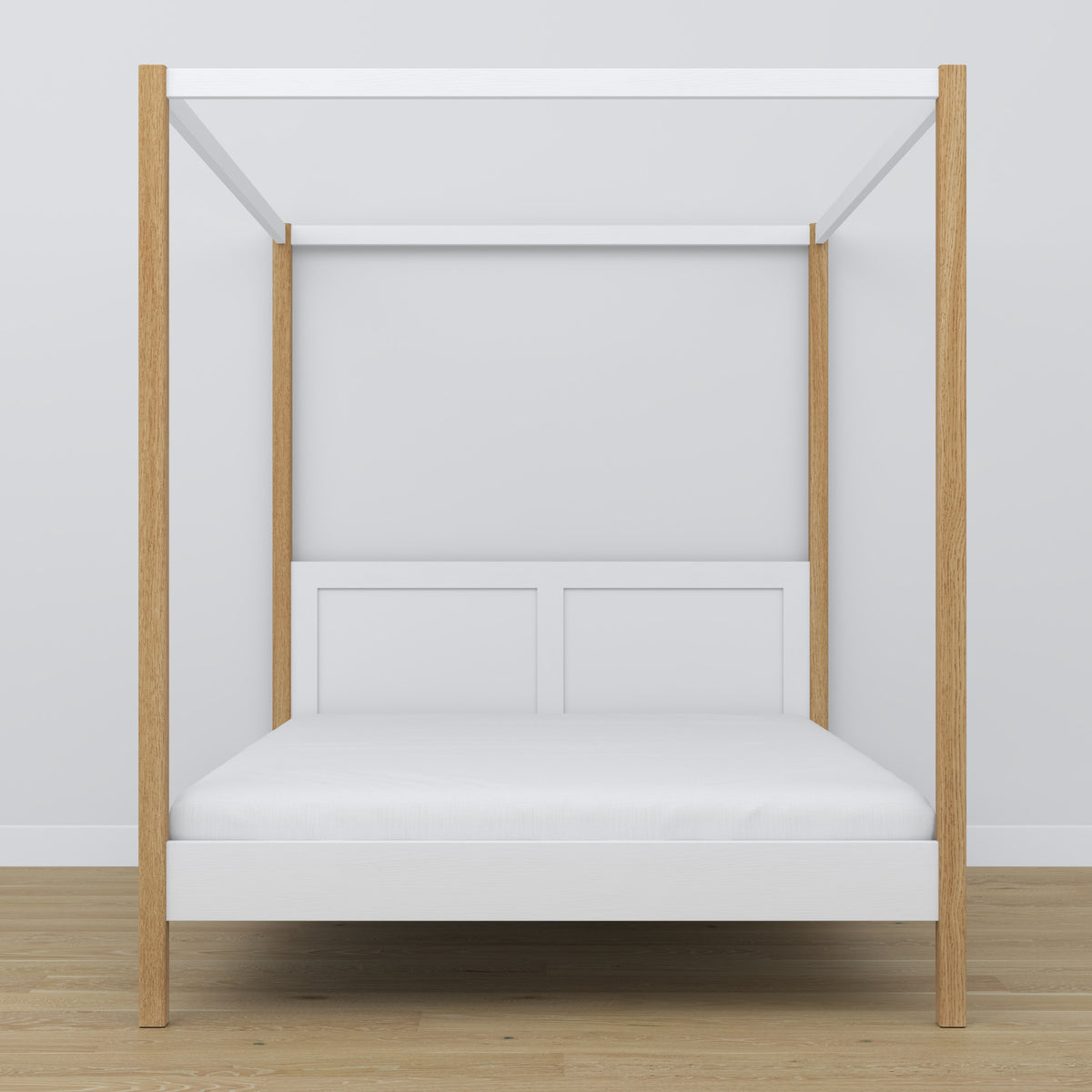 Tweepersoonsbed met hemel houten wit-eiken – hoofdeinde en frame, close-up