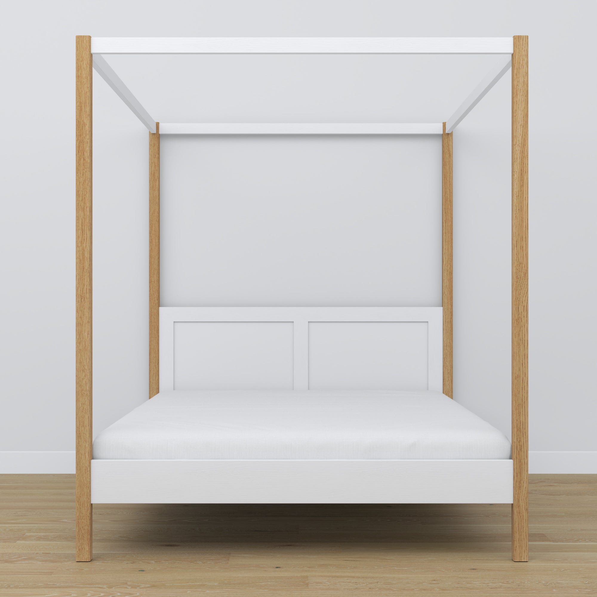 Tweepersoonsbed met hemel houten wit-eiken – hoofdeinde en frame, close-up