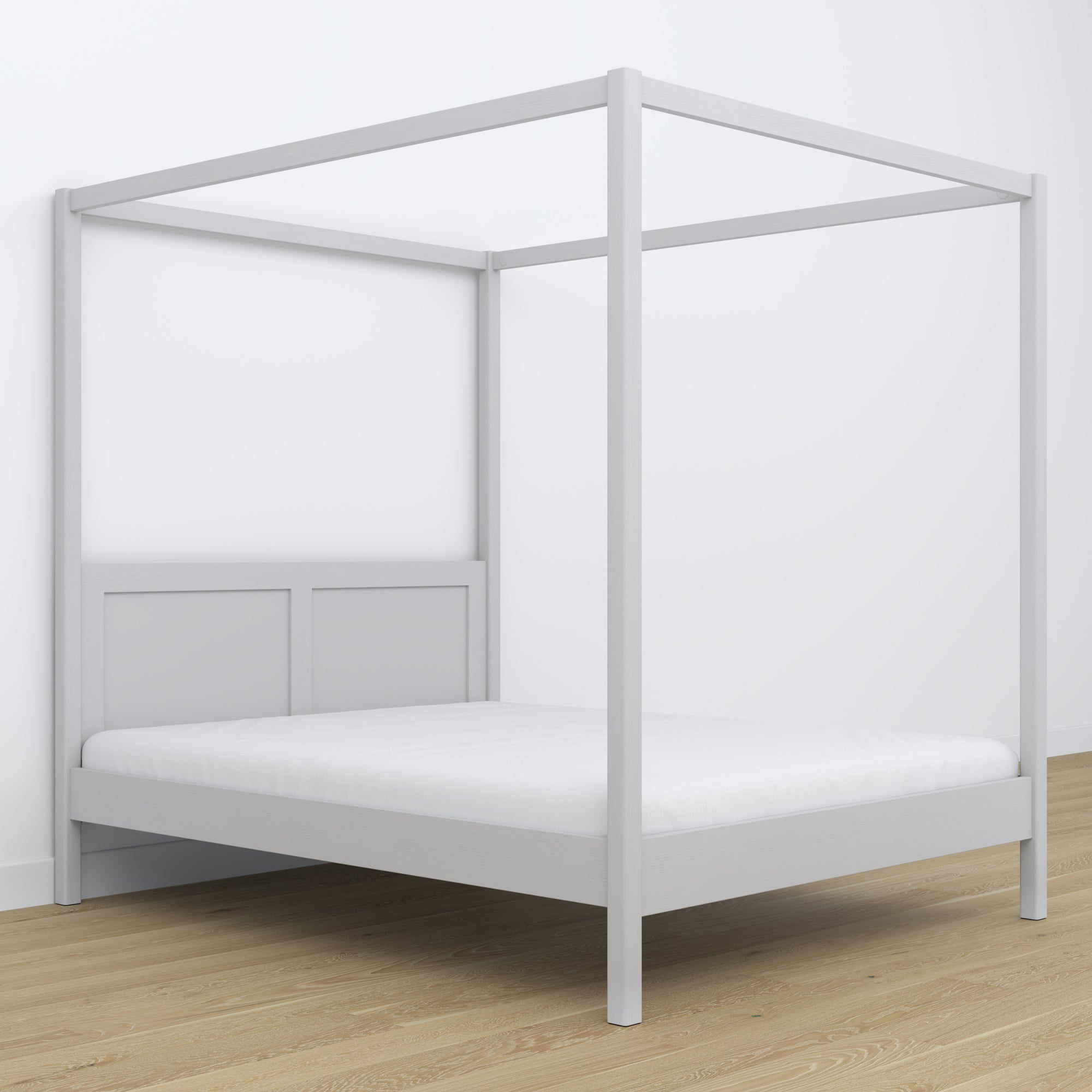 Tweepersoonsbed grijs met hemelbed – decoratief houten frame, scandi