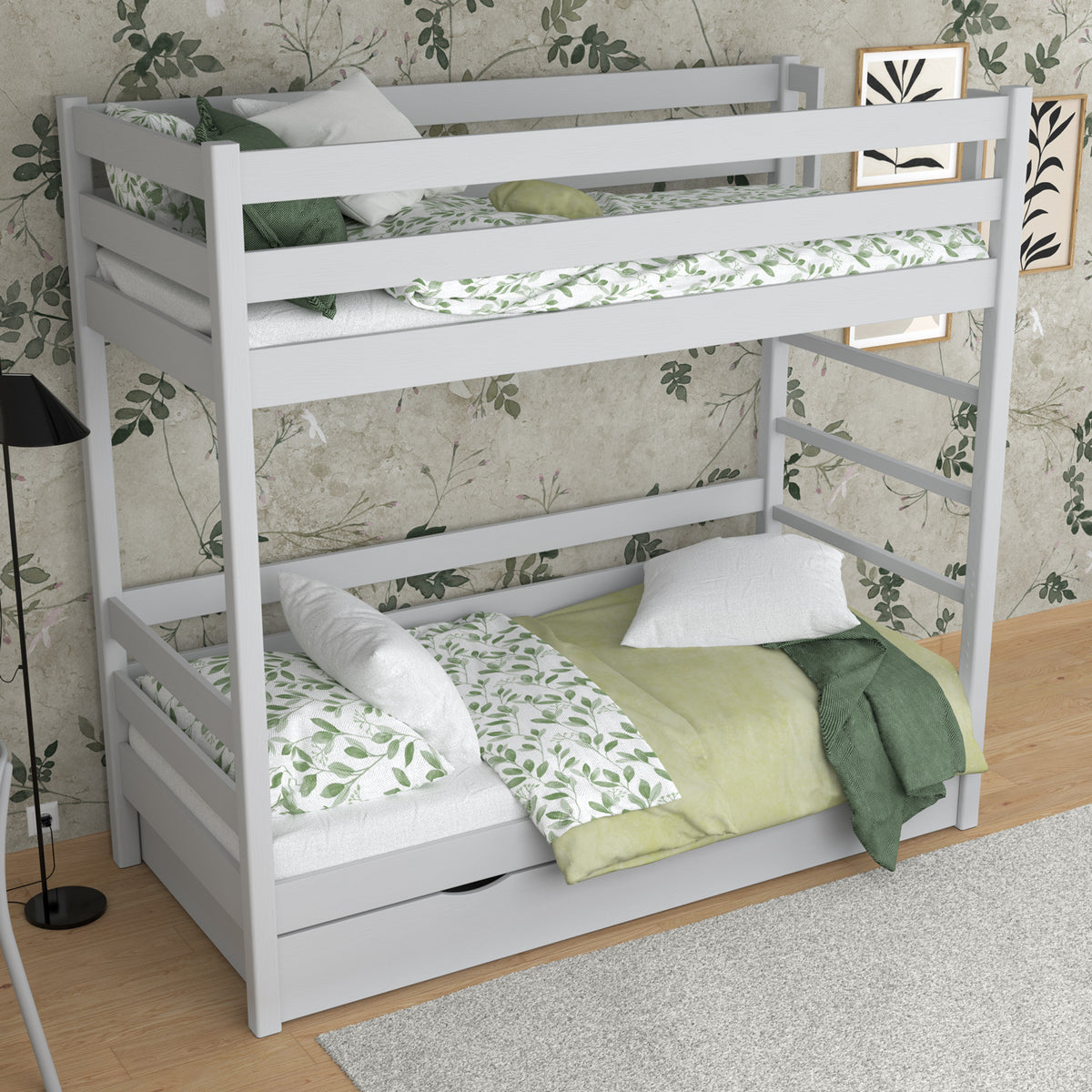 Stapelbed grijs voor kinderen – twee slaapplekken en lade, houten