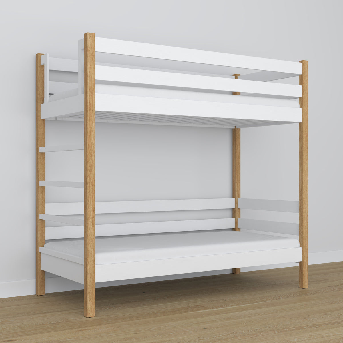 Stapelbed van hout wit-eiken – bovenste en onderste slaapplaats, scandi