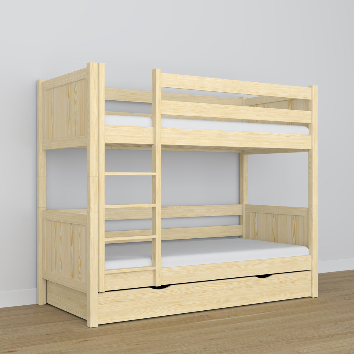 Stapelbed van hout transparant grenen – lade open, ruime bergruimte onder het bed